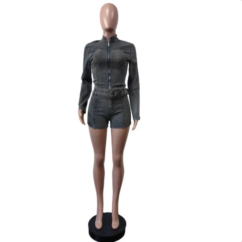 Women's Denim Long Sleeve Zip Two Piece Set