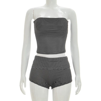 Women's Stripe Strapless Crop Two Piece Set