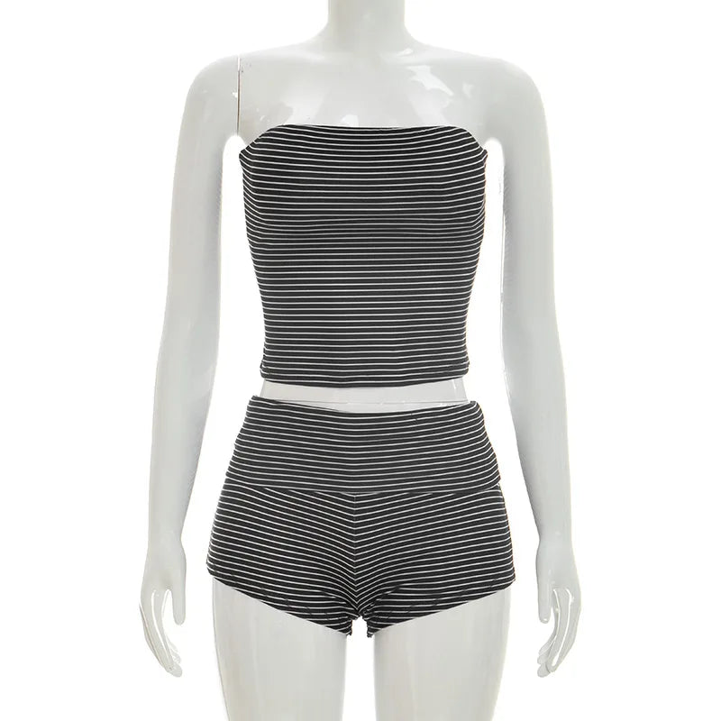 Women's Stripe Strapless Crop Two Piece Set