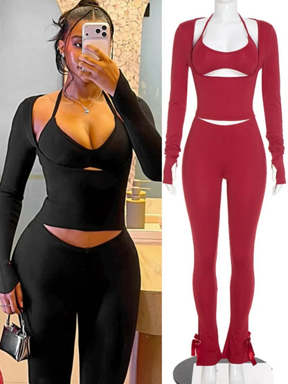 Women's Halter Strapless Long Sleeve Wide Leg Two Piece Set - Additional View 8