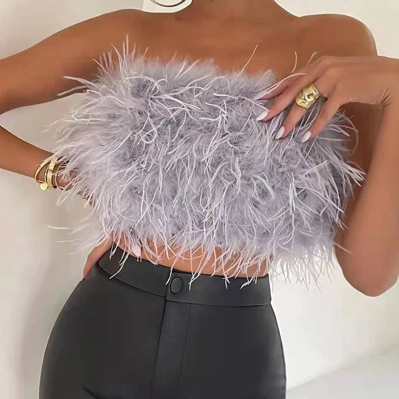 Women's Backless Strapless Crop Feather Tank Top