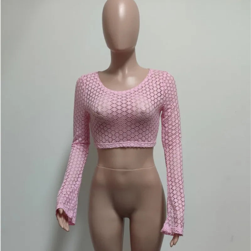 Wholesale Women's Lace Flare Pink T-shirts Top