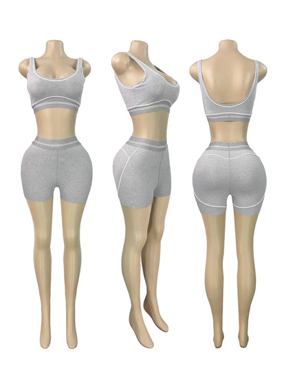 Women's Crop Color Contrast Line Two Piece Set
