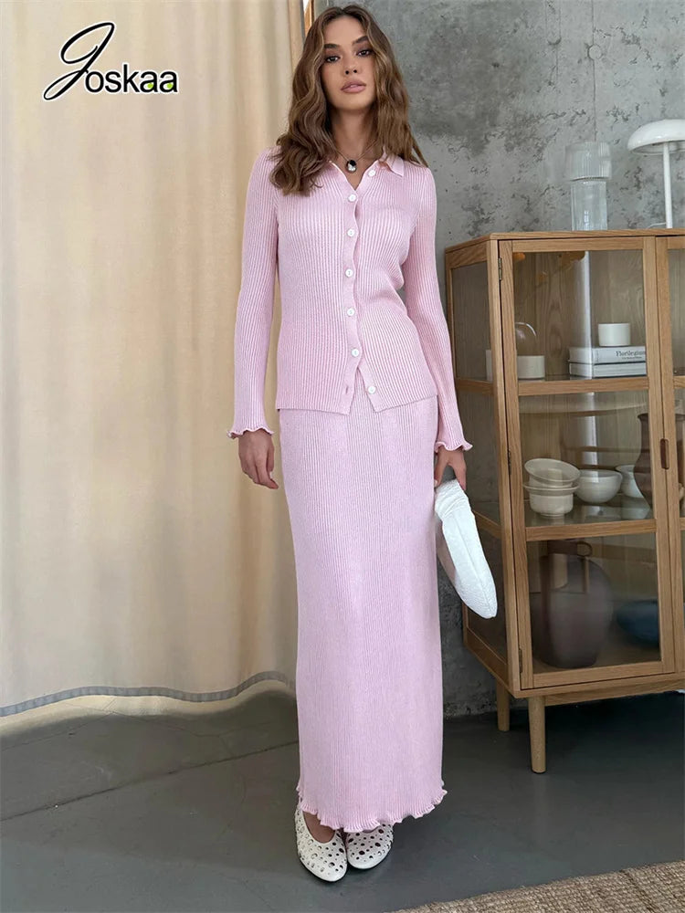 Women's Knit Long Sleeve Maxi Two Piece Set Pink – Detail View