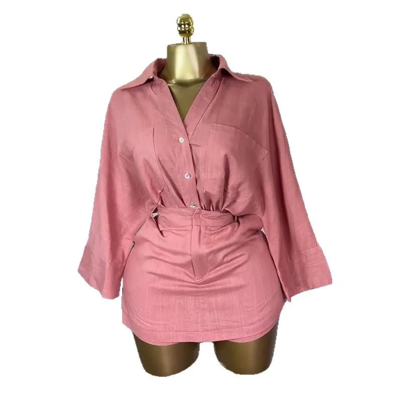 Women's Lapel Batwing Sleeve Two Piece Set Pink – Detail View