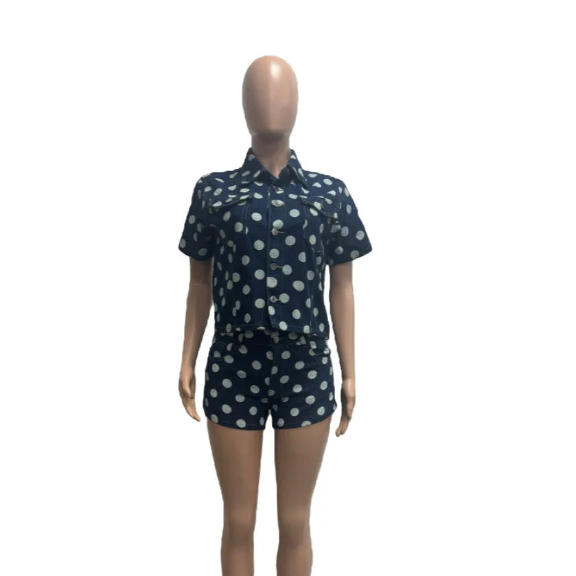Women's Polka Dot Denim Print Two Piece Set - Additional View 7