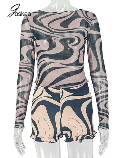 Women's Swirl Print Mesh Long Sleeve High Waist Two Piece Set - Back View