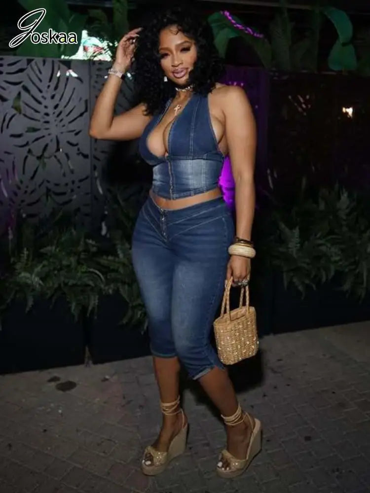 Women's Denim Halter Crop Zip Two Piece Set Sky Blue – Side View