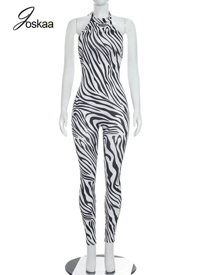 Women's Zebra Print Striped Backless Halter Romper - Back View