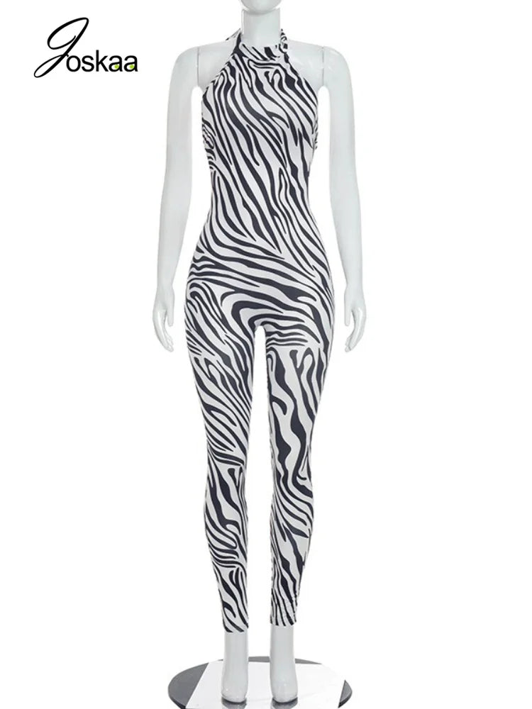 Women's Zebra Print Striped Backless Halter Romper - Back View