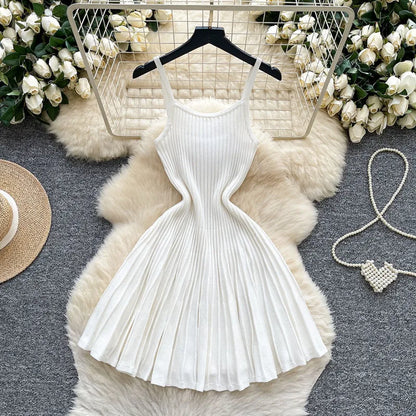 Women's Stripe Knit Sleeveless Ribbed Pleated Dress