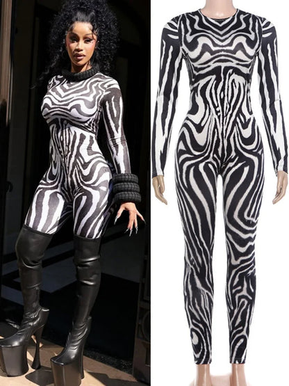 Women's Zebra Print Zip Up Long Sleeve Bodycon Romper - Additional View 8