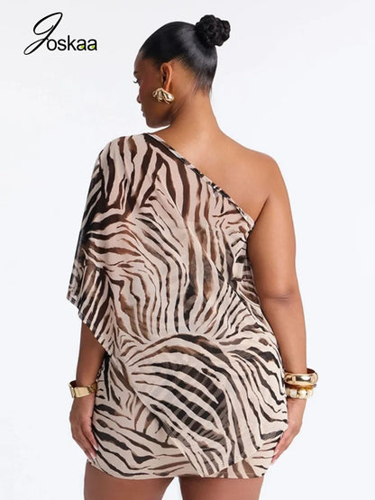 Women's Zebra Print Stripe Mesh Two Piece Set Brown – Front View