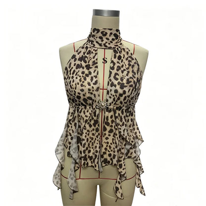 Women's Mesh Backless V-neck Halter Top Print Bandage Tank - Additional View 7