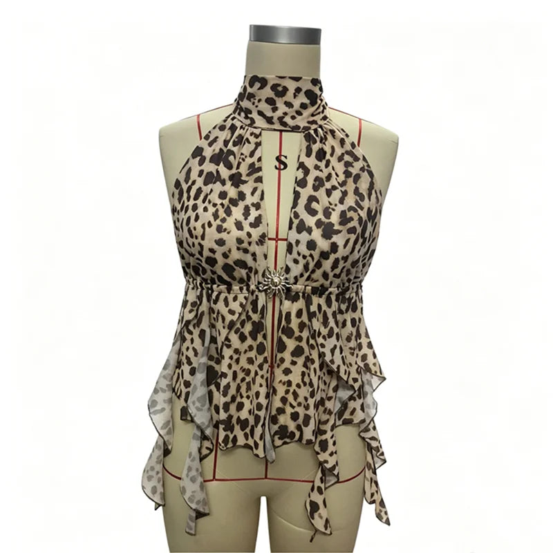 Women's Mesh Backless V-neck Halter Top Print Bandage Tank - Additional View 7