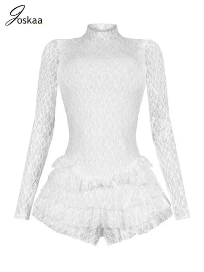 Women's Lace Backless Long Sleeve Romper White – Detail View