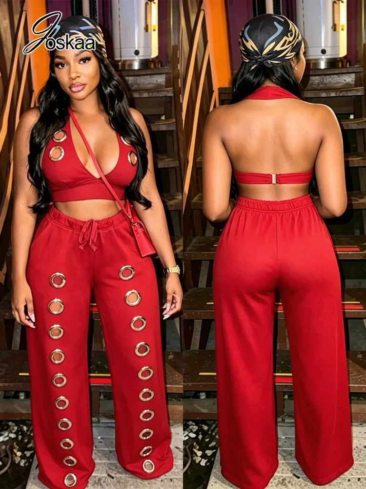 Women's Backless Halter Crop Two Piece Set Black – Side View