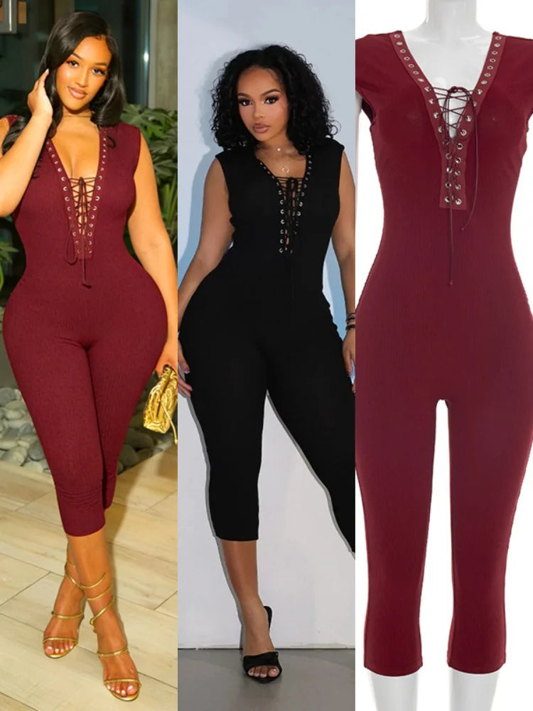 Women's Lace Ribbed Knit Backless V-neck Romper - Additional View 8