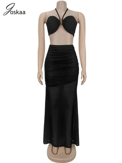 Women's Ruched Halter Crop Two Piece Set Black – Back View