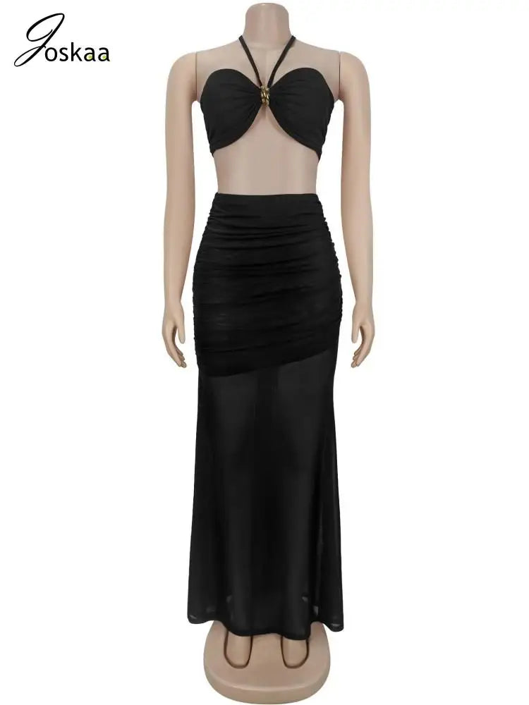 Women's Ruched Halter Crop Two Piece Set Black – Back View