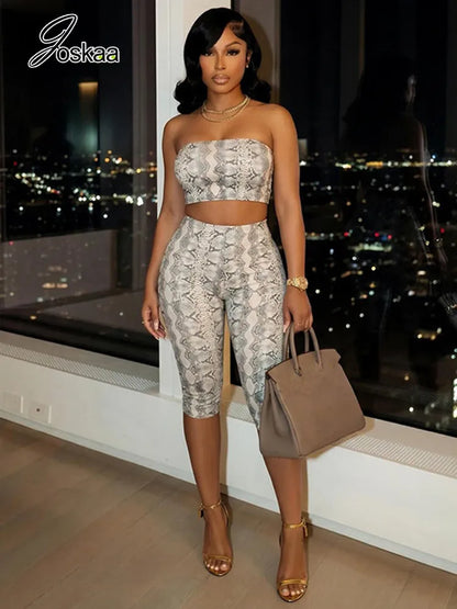 Women's Snake Print Strapless Crop Two Piece Set Green – Side View