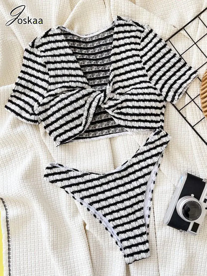 Women's Stripe Short Sleeve Swimwear Bikini Set Black And White – Back View