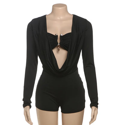 Women's Long Sleeve Bodycon Metal Buckle Decorate Romper