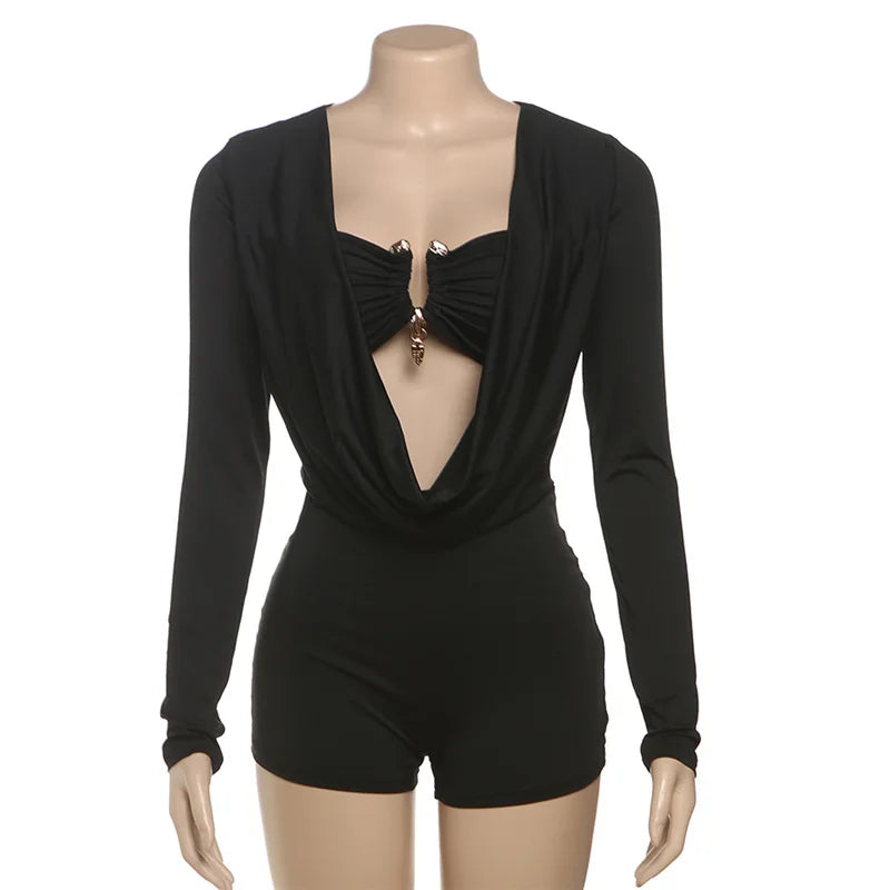 Women's Long Sleeve Bodycon Metal Buckle Decorate Romper
