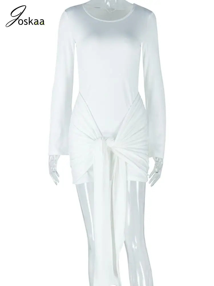Women's Long Sleeve Elegant Solid Bandage Mini Dress White – Back View