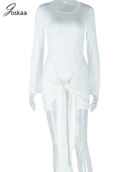 Women's Long Sleeve Elegant Solid Bandage Mini Dress White – Back View
