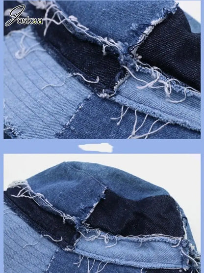 Women's Distressed Denim Patchwork Pants – Model Wearing Style