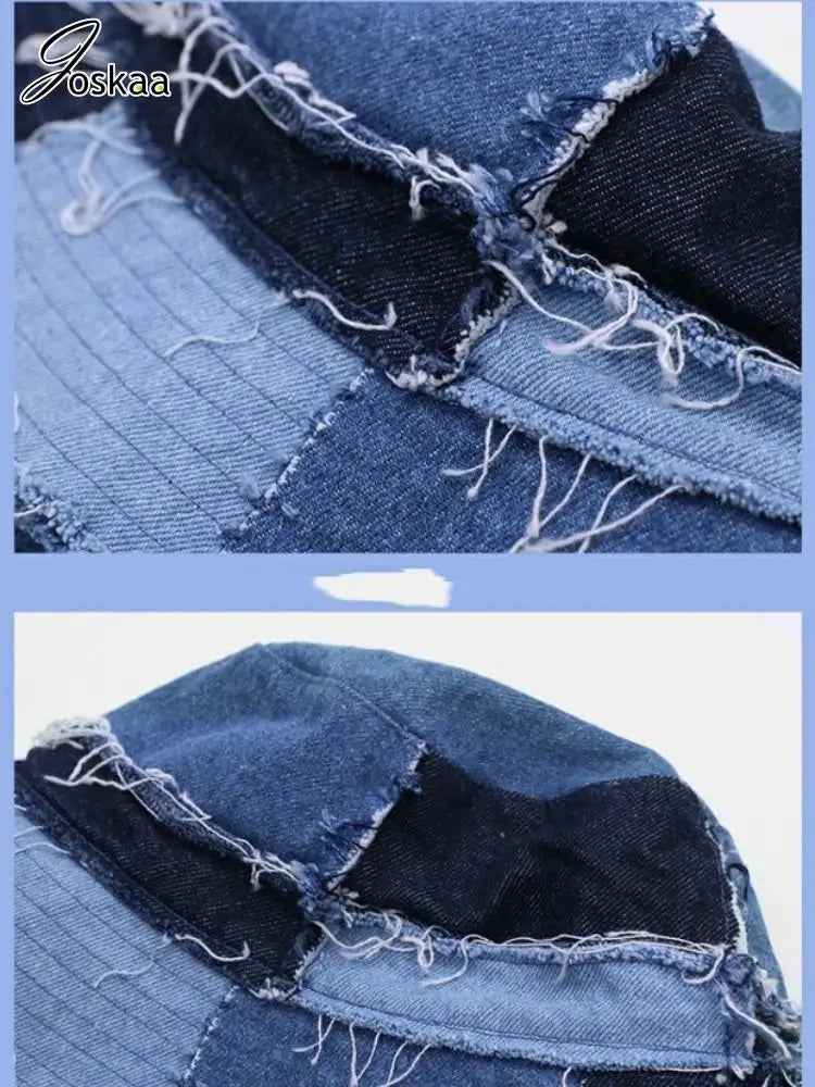 Women's Distressed Denim Patchwork Pants – Model Wearing Style