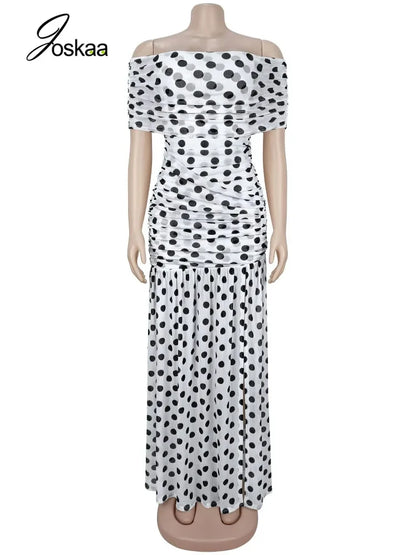 Women's Polka Dot Mesh Ruched Strapless Maxi Dress - Back View