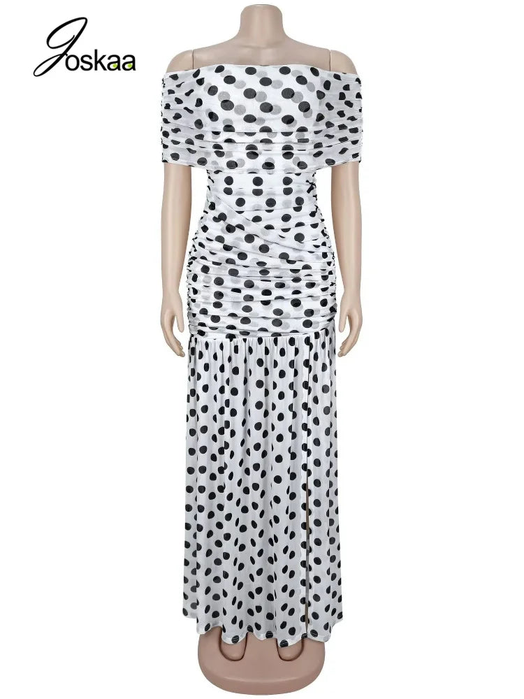 Women's Polka Dot Mesh Ruched Strapless Maxi Dress - Back View