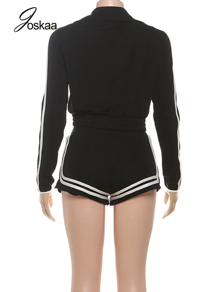 Women's Stripe Long Sleeve Crop Two Piece Set Black – Detail View