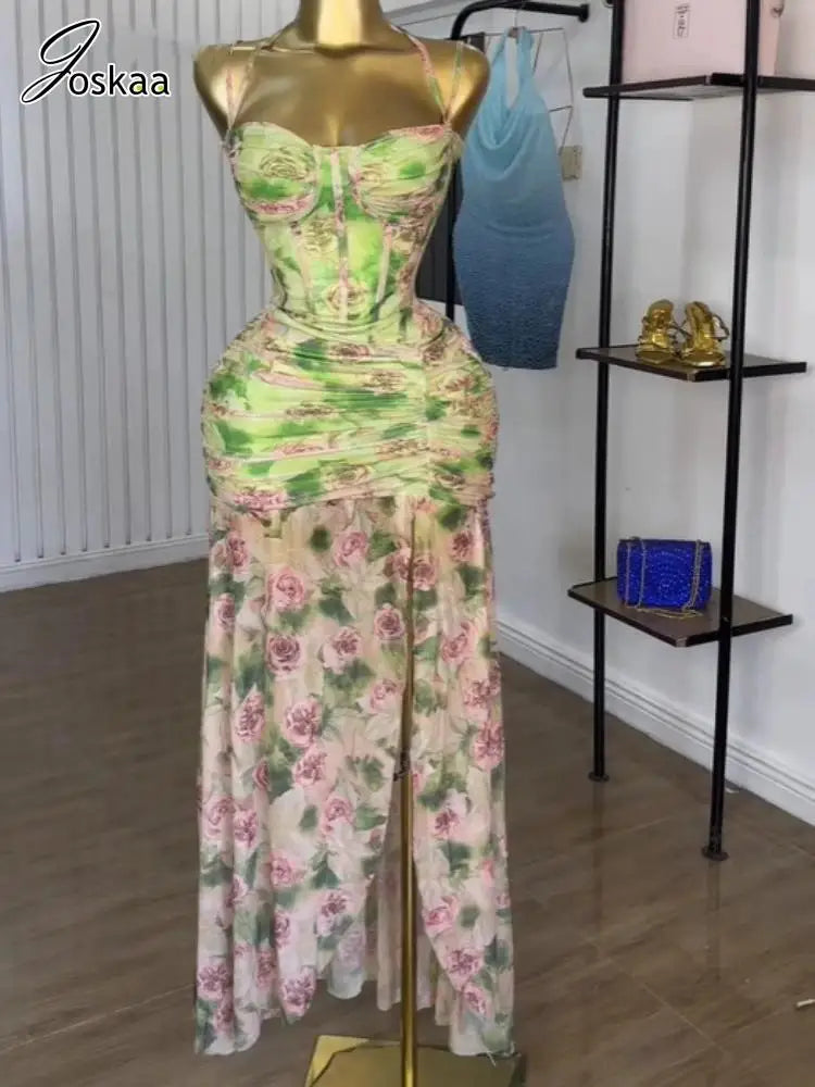 Wholesale Women's Floral Print Ruched Maxi Dress – Women's Fashion Wholesale – Front View