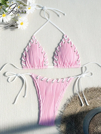 Women's Lace Halter Swimwear Piece Swimsuit Bikini Set Pink – Back View