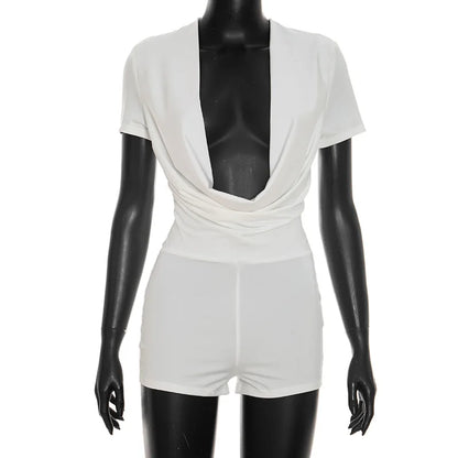 Women's Short Sleeve Bodycon Solid Rompers Slim Romper