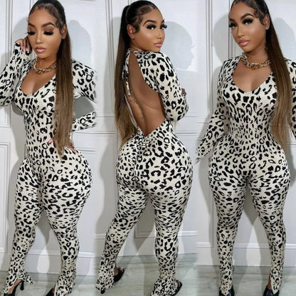 Women's Leopard Print Backless Long Sleeve Romper