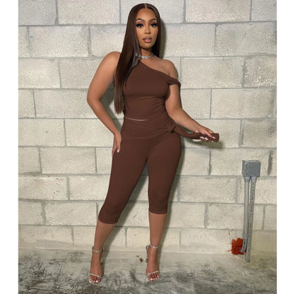 Women's One Shoulder Crop Sporty Oblique Two Piece Set