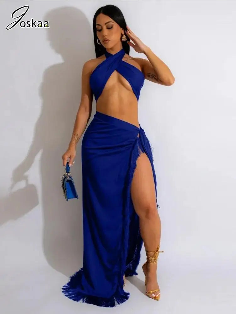Women's Maxi Solid Wrap Chest Two Piece Set Lake Blue – Side View