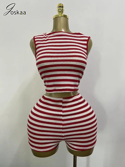 Women's Stripe Knit Crop Bodycon Two Piece Set – Women's Fashion Wholesale – Front View