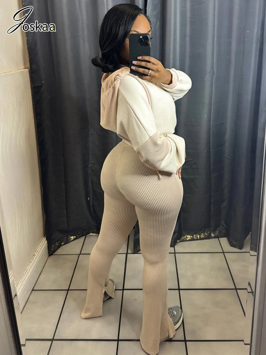 Women's Long Sleeve Flare Hooded Two Piece Set Apricot – Side View