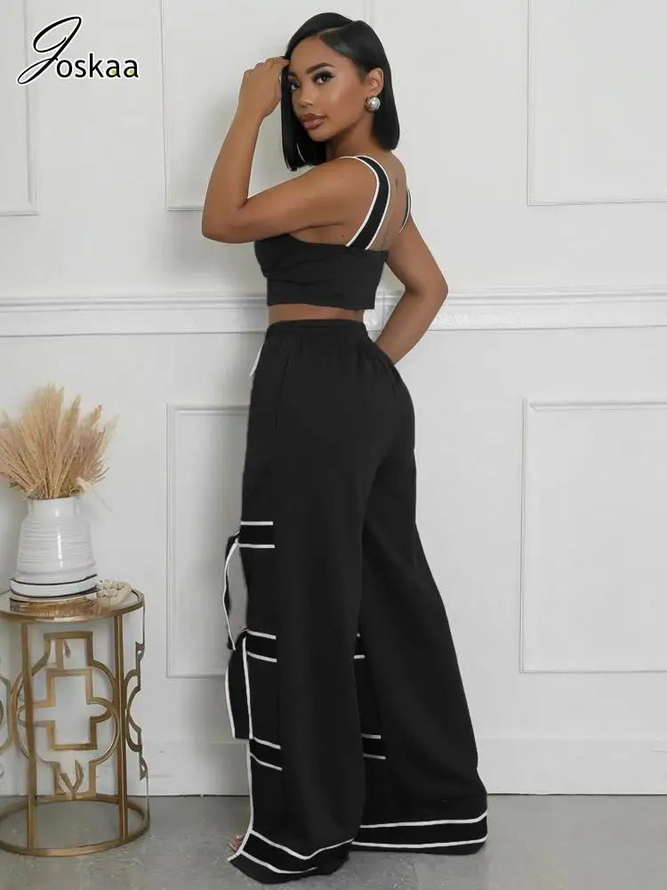 Women's Crop Flare Wide Leg Patchwork Two Piece Set Blue – Side View