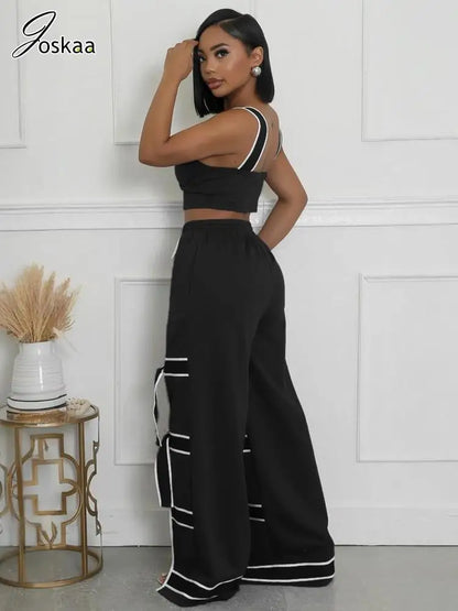 Women's Crop Flare Wide Leg Patchwork Two Piece Set Blue – Side View