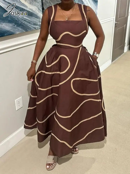 Wholesale Women's Stripe Sleeveless Maxi Dress Dark Brown – Front View