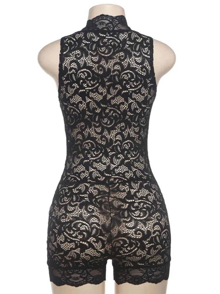 Wholesale Women's Lace Sleeveless Bodycon Romper Black – Back View