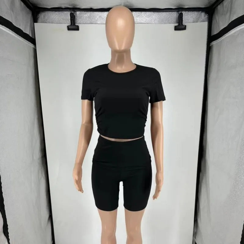 Women's Ruched Short Sleeve Crop Two Piece Set