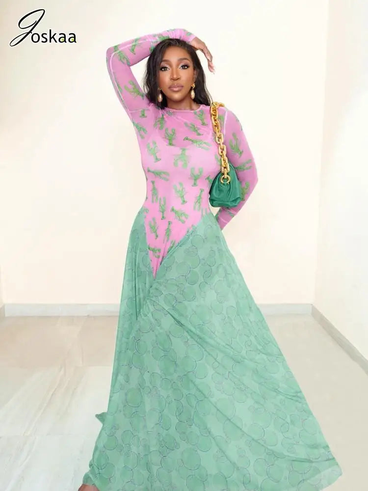 Women's Mesh Long Sleeve Fall Crayfish Maxi Dress – Women's Fashion Wholesale – Front View