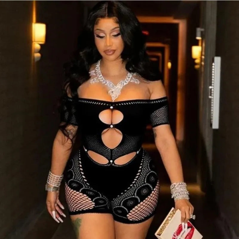 Women's Rhinestone Cutout Short Sleeve Romper Black – Detail View
